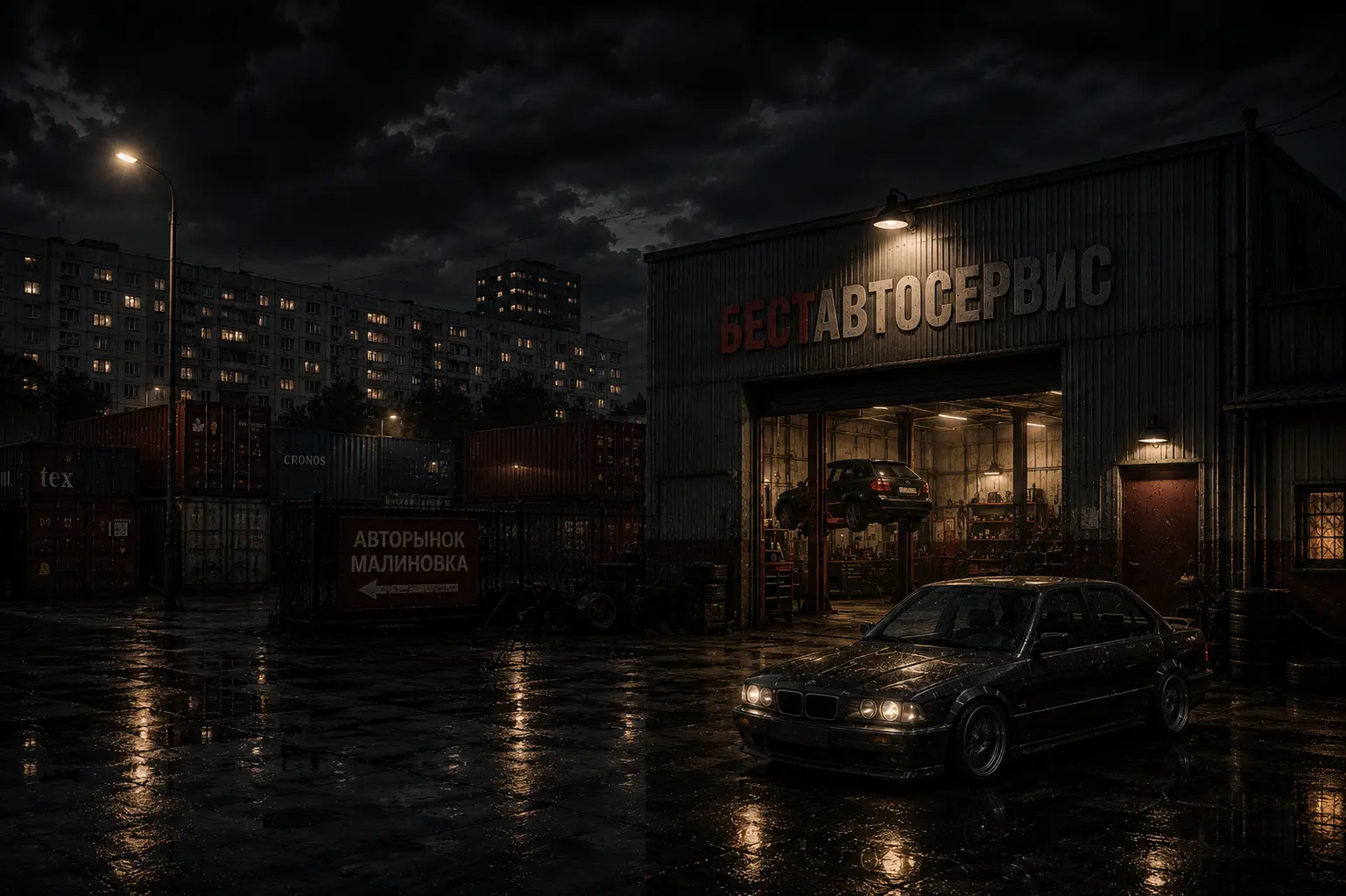 СТО БестАвтоСервис ночью — авторынок Малиновка у МКАД