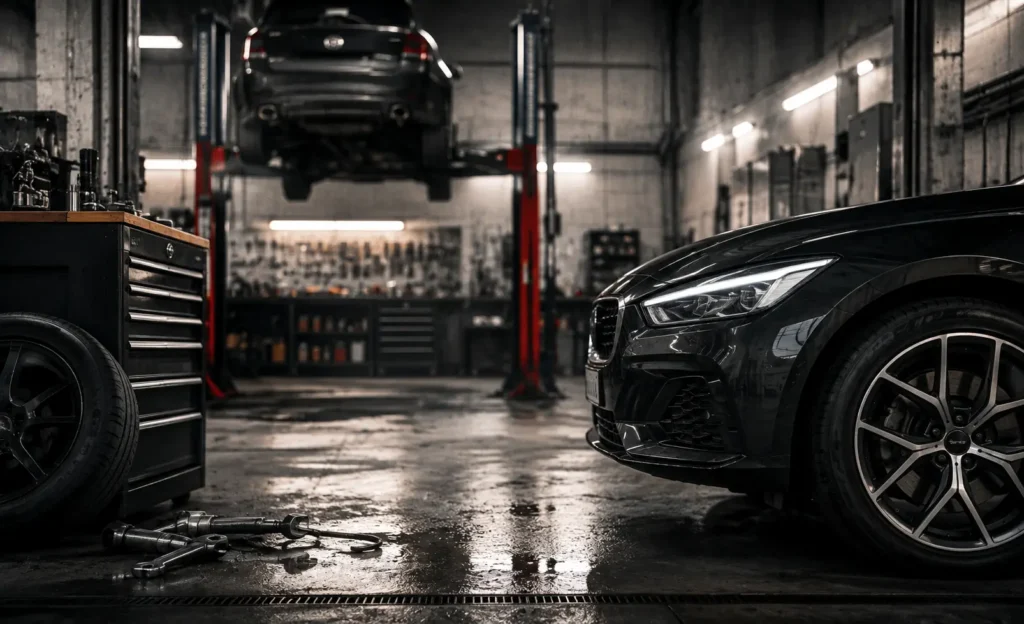 Цех автосервиса BestAutoService: автомобили на подъёмниках и рабочие места мастеров